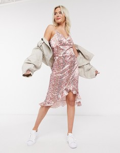 Атласное платье миди с цветочным принтом Miss Selfridge-Розовый цвет
