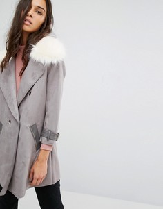 Пальто в замшевом стиле с воротником из искусственного меха River Island-Серый