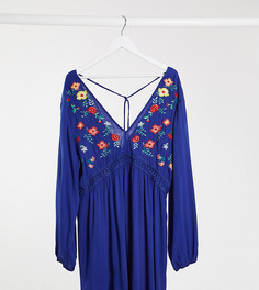 Свободное платье со вставками и цветочной вышивкой En Creme Plus-Темно-синий