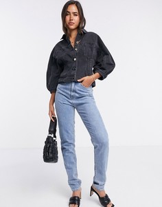 Черная джинсовая куртка с пышными рукавами River Island-Черный цвет