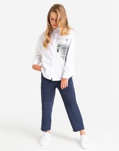 Белая рубашка oversize с фотопринтом для девочки Gloria Jeans