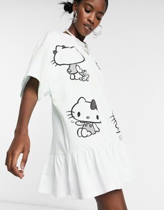 Платье-футболка в стиле oversized с оборкой и принтом New Girl Order x Hello Kitty-Зеленый цвет