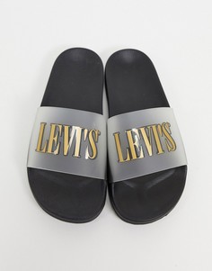 Черно-золотистые шлепанцы с логотипом Levis-Черный