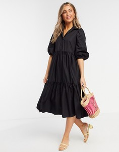 Черное платье-рубашка миди из хлопкового поплина ASOS DESIGN-Черный цвет
