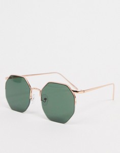 Солнцезащитные очки в золотистой угловатой оправе с зелеными стеклами ASOS DESIGN-Золотой