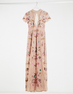 Розовое платье макси с кружевной вставкой и сплошной вышивкой Frock and Frill-Розовый цвет