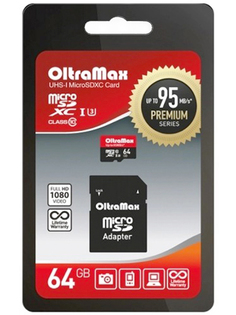 Карта памяти 64Gb - OltraMax Micro Secure Digital XC Class 10 UHS-1 Premium U3 OM064GCSDXC10UHS-1-PrU3 с переходником под SD