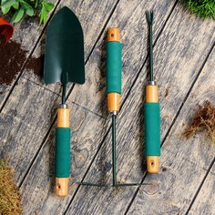 Набор садового инструмента, 3 предмета: совок, мотыжка, корнеудалитель, длина 36 см, деревянные ручки с поролоном Greengo