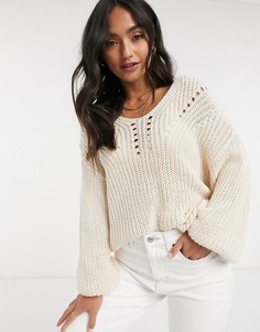 Кремовый джемпер с V-образным вырезом и пышными рукавами Y.A.S.