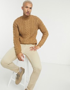 Бежевый свитер с высоким воротником и узором "в косичку" ASOS DESIGN-Коричневый цвет