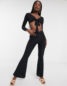 Черный кроп-топ с завязкой и расклешенные брюки Femme Luxe-Черный цвет