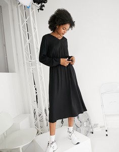 Черное платье миди с V-образным вырезом и длинными рукавами Only-Черный цвет