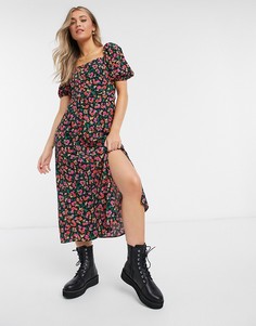 Платье миди с квадратным вырезом и цветочным принтом New Look-Черный цвет