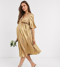 Золотистое платье миди с запахом и плиссировкой TFNC Maternity-Золотистый