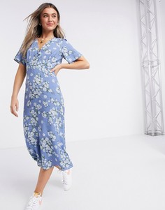 Синее платье миди с V-образным вырезом и цветочным принтом New Look-Синий