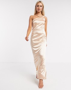 Атласное платье макси на одно плечо цвета шампанского TFNC Bridesmaid-Золотистый