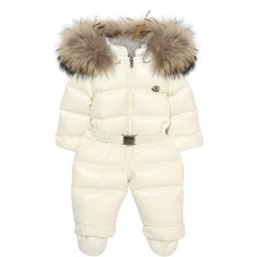 Пуховый комбинезон с капюшоном и меховой отделкой Moncler Enfant