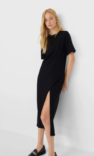 Stradivarius Платье Миди С Короткими Рукавами Женская Коллекция Черный S
