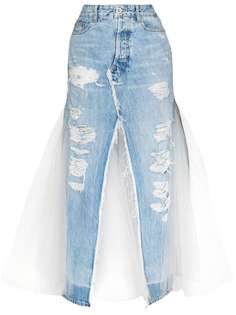 UNRAVEL PROJECT джинсовая юбка с прорезями и вставками из тюля