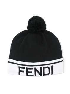 Fendi Kids шапка бини с помпоном и логотипом
