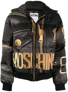 Moschino куртка-пуховик Macro Biker с принтом