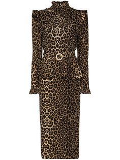 Alessandra Rich платье миди с леопардовым принтом и объемными плечами