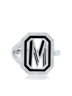 Colette кольцо Gatsby с инициалом M из белого золота с бриллиантами и черной эмалью