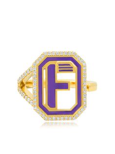 Colette кольцо Gatsby с инициалом F из желтого золота с бриллиантами и синей эмалью