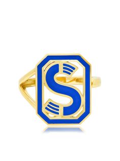 Colette кольцо Gatsby с инициалом S из желтого золота с синей эмалью