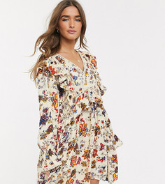Бежевое короткое приталенное платье с цветочным принтом и оборками Y.A.S Petite-Многоцветный