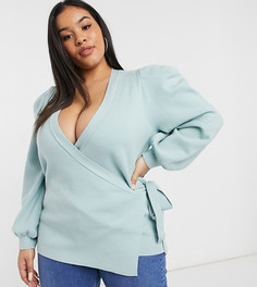 Трикотажная блузка с объемными рукавами и запахом Fashion Union Plus-Голубой