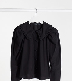 Черная рубашка с длинными рукавами и оборкой на воротнике ASOS DESIGN Petite-Черный