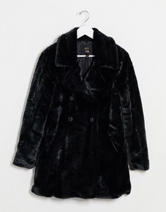 Черное двубортное пальто из искусственного меха QED London-Черный
