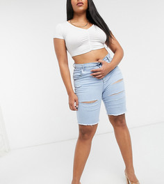 Синие джинсовые шорты до колен с рваной отделкой Lasula Plus-Голубой