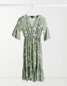 Шалфейно-зеленое платье миди с запахом и цветочным принтом QED London-Зеленый цвет