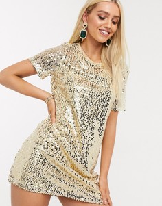 Золотистое платье-футболка с отделкой пайетками In The Style-Золотистый
