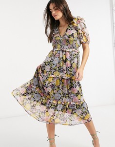 Платье миди с оборками и цветочным принтом Neon Rose-Мульти
