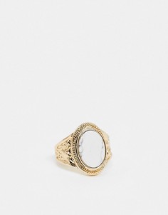 Золотистое кольцо-печатка с овальным мраморным камнем Chained & Able-Золотой