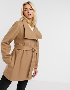 Бежевое пальто из ткани на основе шерсти с поясом и высоким воротом French Connection-Коричневый цвет
