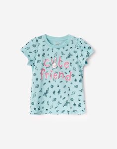 Мятная футболка с рисунками и блестящей надписью для малышки Gloria Jeans