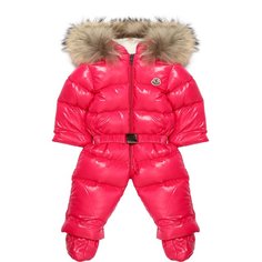 Пуховый комбинезон с капюшоном и меховой отделкой Moncler Enfant