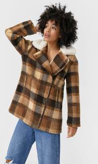Stradivarius Пальто Из Искусственной Овчины В Клетку Женская Коллекция Цвет Камня L
