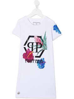 Philipp Plein Junior платье-футболка с цветочным принтом и логотипом