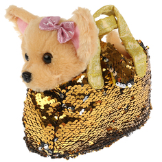 Мягкая игрушка Мой питомец Собака в сумочке из пайеток золото 15 см цвет: бежевый/золотой