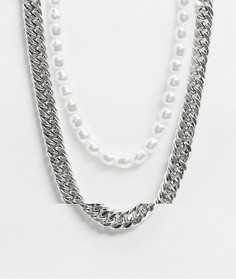 Ожерелье в несколько рядов с цепочкой толщиной 10 мм и искусственным жемчугом ASOS DESIGN-Серебряный