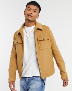 Бежевая куртка-рубашка Харрингтон с добавлением шерсти ASOS DESIGN-Коричневый