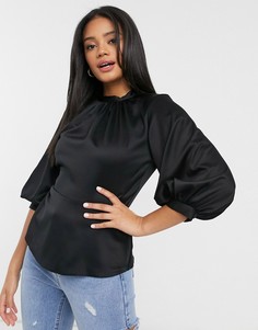 Черная атласная блузка с пышными рукавами Closet London-Черный