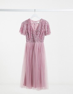 Розовое платье миди с запахом, пайетками и юбкой из тюля Maya Bridesmaid-Розовый цвет
