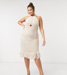 Бежевое платье миди с отделкой перьями ASOS DESIGN Curve-Neutral