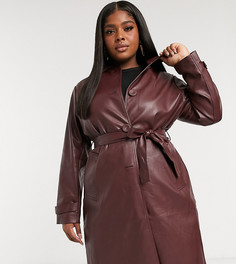 Пальто из искусственной кожи с воротником и поясом Fashion Union Plus-Коричневый